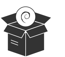 an opened box with the debian logo floating above it